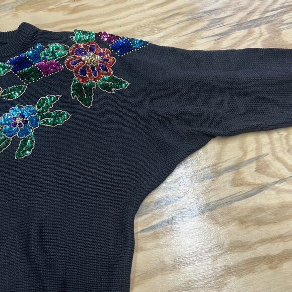 Vintage Mr Noah Floral Christmas Sweater Embroidery Sequins Black Size Medium - Picture 8 of 13